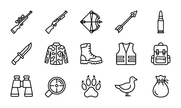 Hunting Icons Set, Outdoor Adventure Gear Vector Graphics, Sport and Recreation Symbols