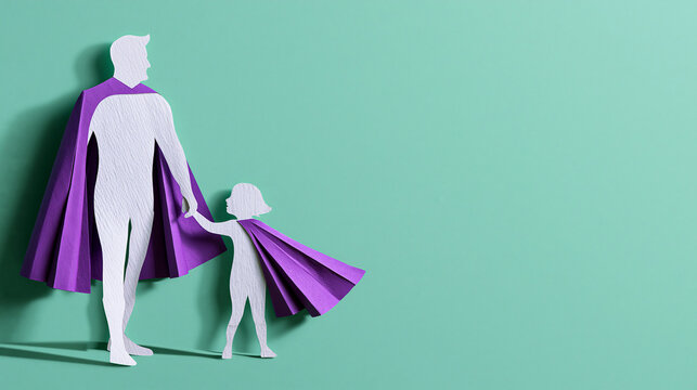 Father and daughter silhouette wearing superhero capes. Paper art concept of hero dad holding child hand. Greeting card illustration for Fathers Day celebration with copy space.