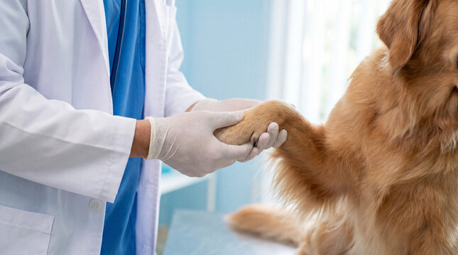 Veterinarian Examines Golden Retriever Paw