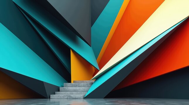 Abstract geometric background with colorful overlapping triangles and modern sharp lines in vibrant orange and blue tones