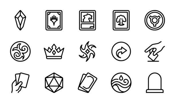 Magic Game Card Icons, Fantasy Symbols, Dice, Crystal, Crown, Vector Set