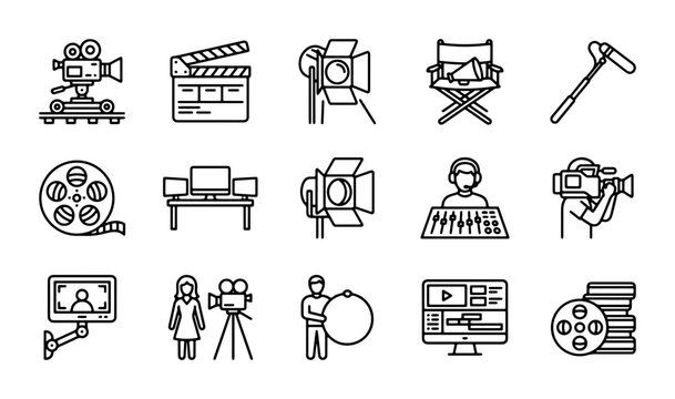 Film Production Icons Set, Movie Making Equipment Vector Graphics, Cinema Industry Symbols