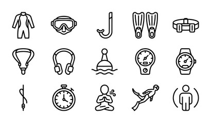 Scuba Diving Icons Set, Underwater Exploration Equipment, Water Sports Vector Graphics © Shafayat