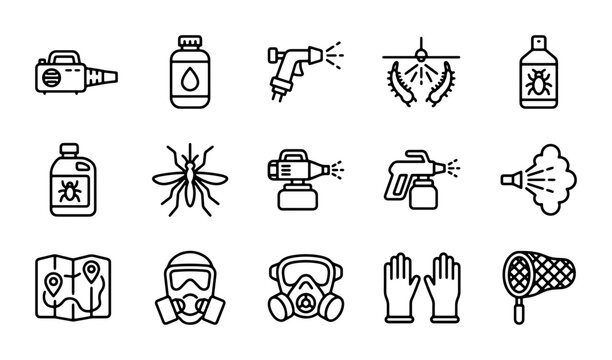 Pest Control Icons Set, Insect Extermination Equipment, Professional Spraying Tools, Safety Gear Vector