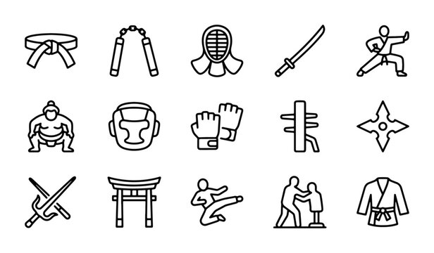 Martial Arts Icons Set: Karate, Sumo, Ninjutsu, Kendo Gear & Weapons Vector Collection