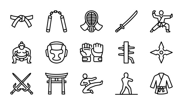 Martial Arts Icons Set: Karate, Judo, Samurai, Ninja, Sumo, Kendo Gear & Weapons