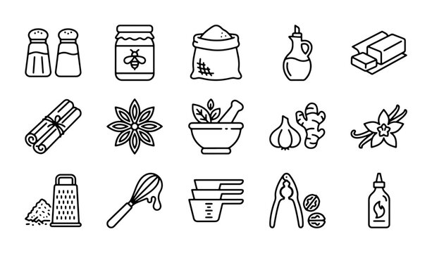 Culinary Icons Set: Food Ingredients & Cooking Tools, Kitchen Essentials, Vector Graphics