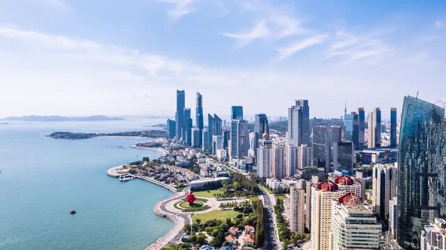 Timelapse of the coastline of May Fushan Bay and Skycrapers in Qingdao, Shandong Province, China