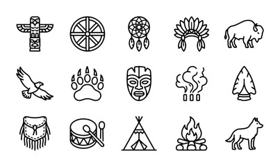 Native American Icons Set: Totem, Buffalo, Dreamcatcher, Teepee, Eagle, Wolf, Culture © Amina