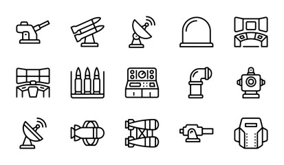 Military Technology Icons: Defense Systems, Weapons, and Surveillance Equipment Vector Set © Amina