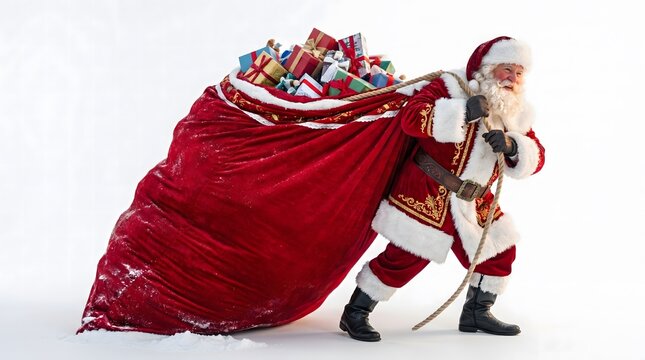 Santa claus carrying overflowing gift sack holiday season concept