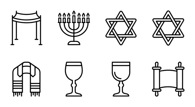 Jewish Symbols Icons, Star of David, Menorah, Torah Scroll, Chuppah, Kiddush Cup, Tallit
