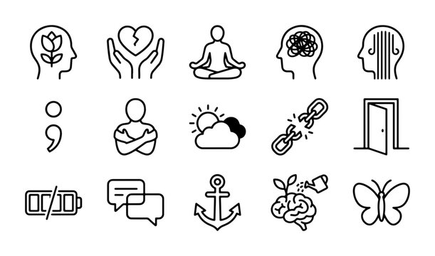 Mental Health Icons Set, Psychology Concepts, Emotional Well-being Symbols, Brain Health Graphics