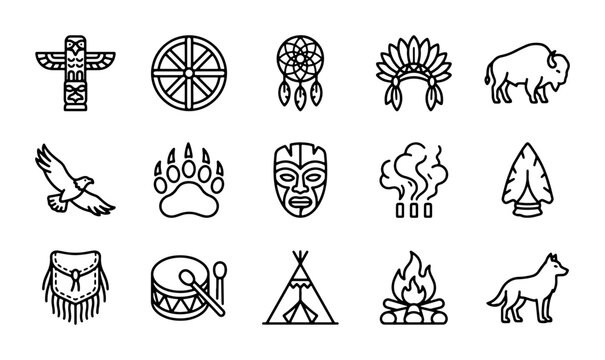 Native American Icons Set: Totem, Buffalo, Dreamcatcher, Teepee, Eagle, Wolf, Culture