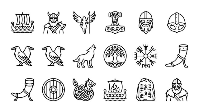Viking Icons Set: Norse Mythology Symbols, Warrior Helmets, Longships, Thor's Hammer, Runes