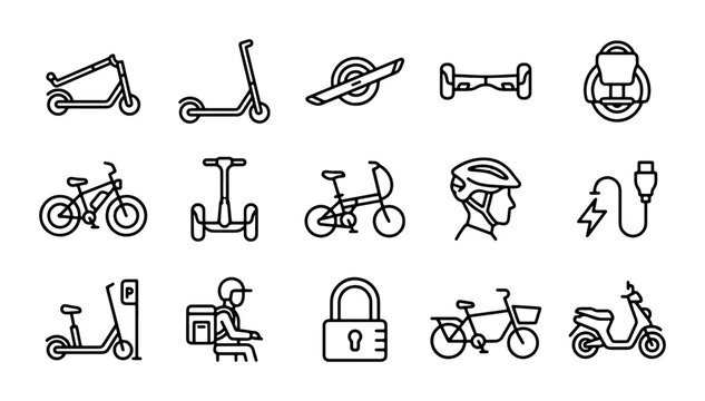 Electric Scooter, Bike, and Personal Transport Icons Set: Urban Mobility Vector Graphics
