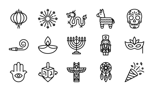 Cultural Celebration Icons: Lantern, Dragon, Menorah, Pinata, Skull, Dreamcatcher, Confetti