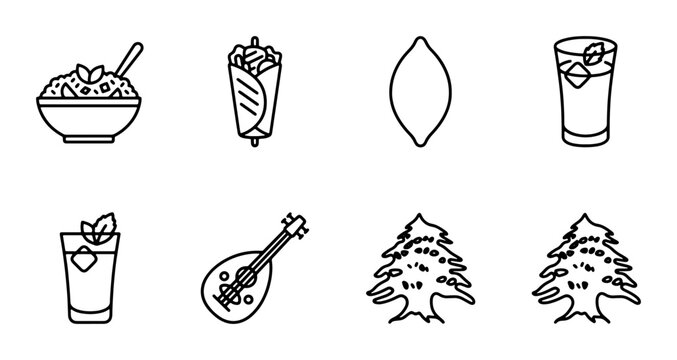Lebanese Food Icons, Cedar Tree Vector Art, Oud Instrument Graphics, 8 Line Art Symbols