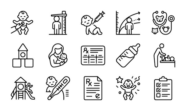 Baby Healthcare Icons, Pediatrics, Child Development, Medical Care Icons, Vector Set