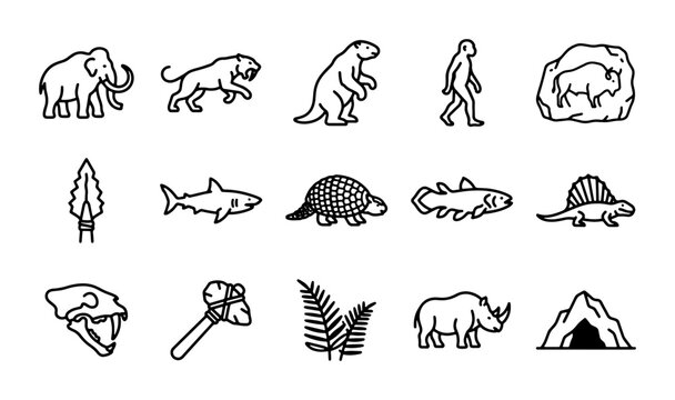 Prehistoric Icons Set, Ancient Animals and Tools Vector Collection, Paleolithic Era Graphics