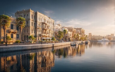Obraz premium Tranquil Waterfront Scene Showcasing Historic Architecture on a Serene Riverbank at Sunset