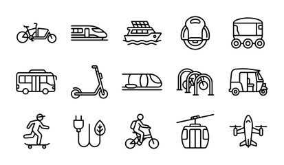 Modern Transportation Icons: Electric Scooter, Bicycle, Train, Bus, Airplane, Ship, Monowheel, Cable Car, Skateboard, Tuk-Tuk, Pod © MdArafat