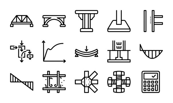 Engineering Icons Set: Structural Analysis, Mechanics, and Design Symbols
