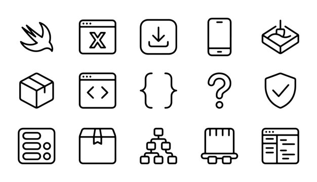 Coding Icons Set: Swift, Code, Download, Mobile, Box, UI Elements, Security, Flowchart