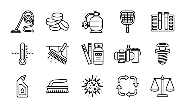 Pool Maintenance Icons Set, Water Care Equipment Vector Graphics, Cleaning Tools Collection