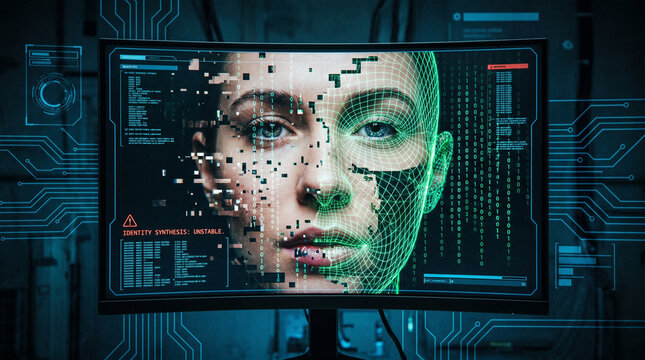 Deepfake identity synthesis concept. Female face splitting into pixels and green wireframe mesh on curved monitor. Binary data, HUD warnings and circuit overlay. AI ethics and digital fraud.