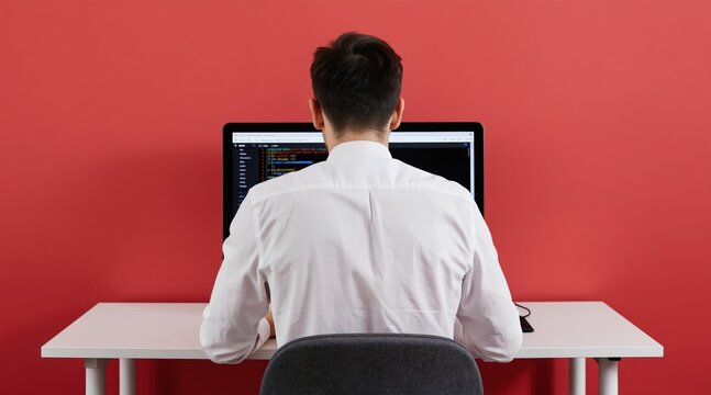 Man in white shirt types code on computer screen. Focused programmer works at desk. Person studies data on monitor. He is at home office. Bright red wall background.