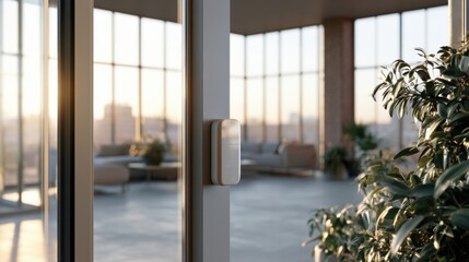 Fototapeta premium Glass doors opening to city balcony, soft golden light casting reflections on panes, metal handles and latch, indoor plant silhouette, modern apartment ambiance, serene transition to skyline