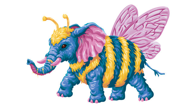 A vibrant illustration of a bee elephant hybrid creature standing alone in a fantasy environment with colorful wings and a striped body.