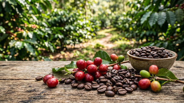 Fresh ground coffee powder and beans on rustic table outdoors