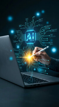 Human hand interacting with glowing AI circuitry on a dark background, representing technology, innovation, and digital intelligence, with free space for text.