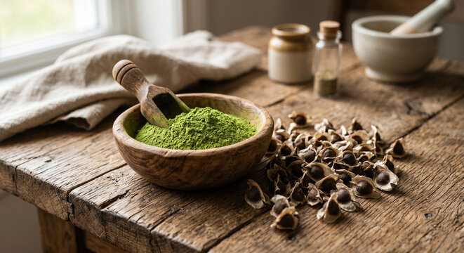 Bright green moringa superfood powder in wooden bowl with dried seeds
