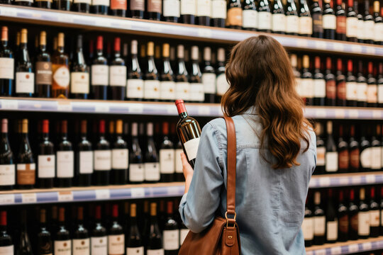 Woman shopper examines wine bottle shelves in liquor store. Female customer selects alcohol drink from retail display. Buying beverage choice for home or party.
