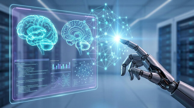 Robotic hand interacting with holographic brain and network visualization, symbolizing AI, technology, and innovation, with code and data.
