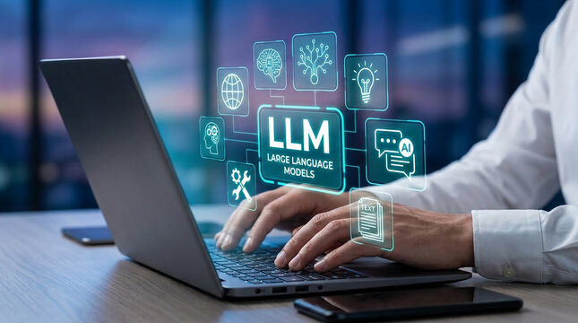 Person typing on a laptop with digital icons of AI, brain, global network, lightbulb, and chat, symbolizing large language models and technology.