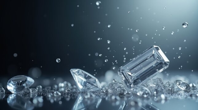 Clear ice cube falling into dark water with many splashing droplets and refreshing bubbles in motion