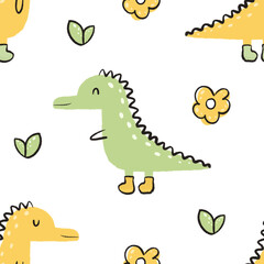 Fototapeta premium Cute hand-drawn dinosaur seamless pattern featuring playful pastel dinosaurs, yellow flowers and simple leafy elements on a soft sage green background. Perfect for nursery decor, children's fabric, wa