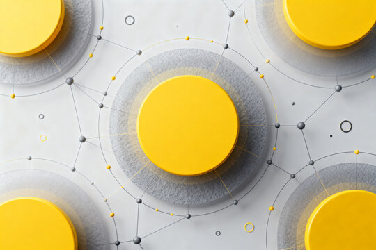 Abstract yellow and grey circular network design with connecting spheres and lines