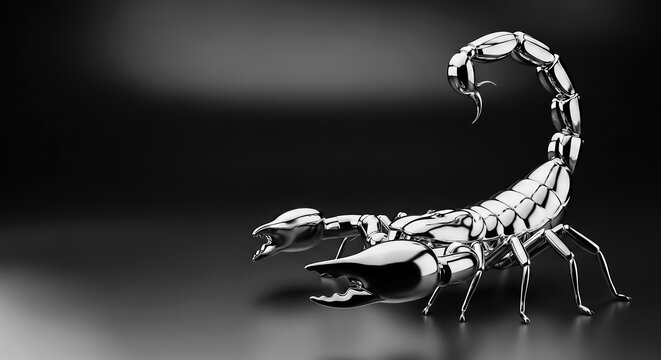 A close-up of a detailed metallic scorpion model posed on a sleek, dark background, showcasing intricate texture and design.