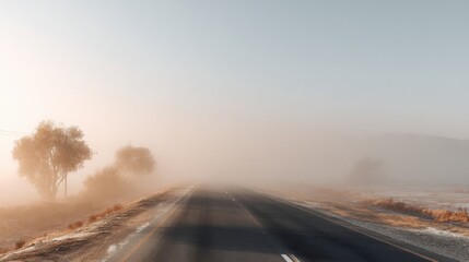 Fototapeta premium Foggy rural road at dawn, empty asphalt stretching toward misty horizon, lone tree silhouette, frostkissed grasses, pastel sky, muted tones and tranquil stillness suggesting slow travel and quiet