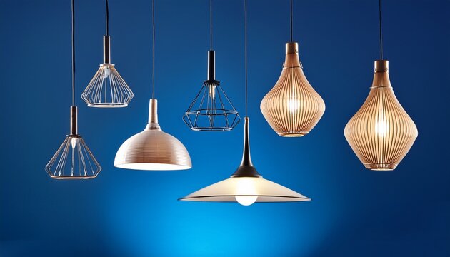 a blue background with six light fixtures hanging from the ceiling the fixtures are all different shapes and sizes but they all have a similar design scene is modern and sleek