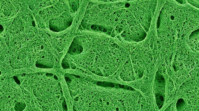 Microscopic view of a green sponge-like structure with holes and tubes