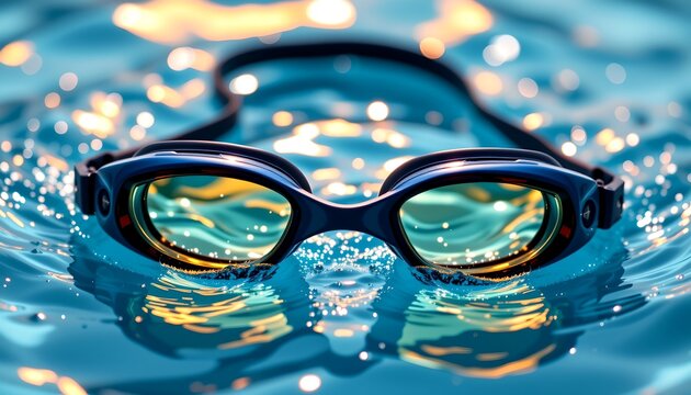 Goggles floating in water, with a reflection of light creating an interesting pattern on the surface of the water around them.