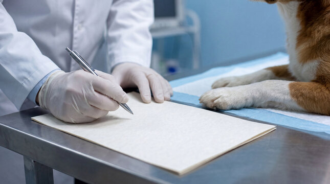 Veterinarian Writing Notes Beside Dog On Examination Table