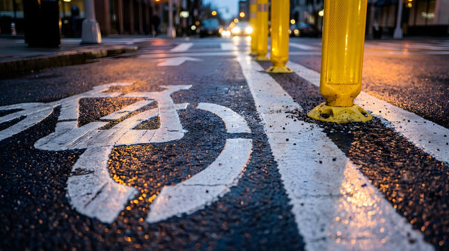 Urban Bike Lane Symbol on Wet Asphalt Road at Dusk with Yellow Bollards. Generative AI 