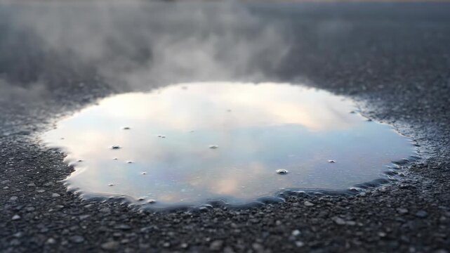 Water stains and rising fog on the road, puddles and steam after rain
